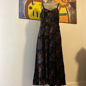 Nostalgia Vintage Rayon Velveteen Sleeveless V-Neck Floral Dress S